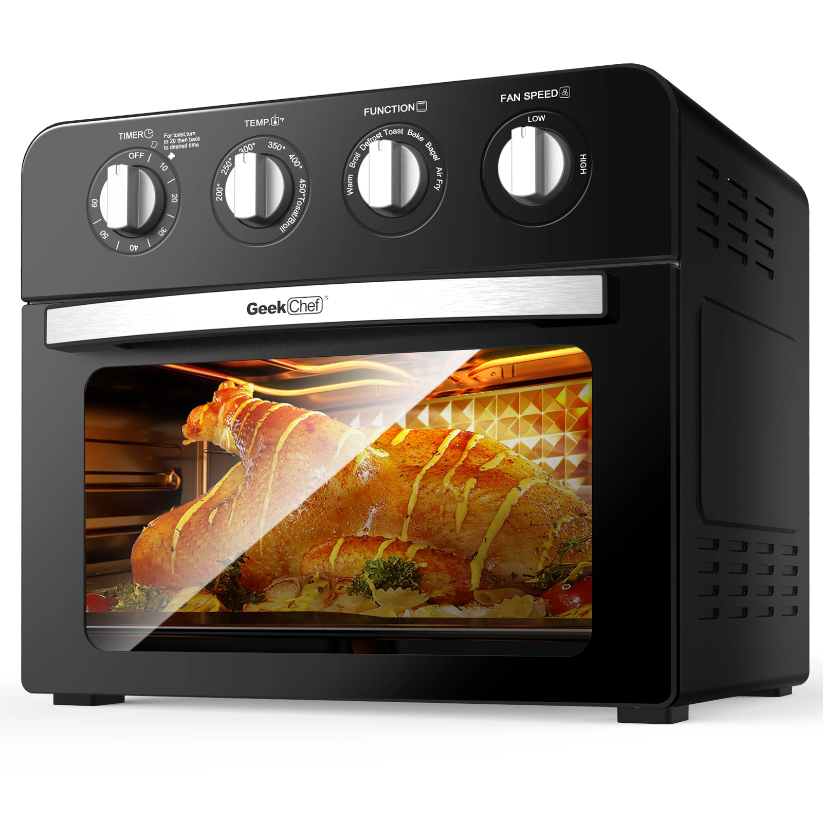 Geek Chef Air Fryer Oven , Countertop Toaster Oven,3-Rack Levels, 4 mechinical knobs, Black housing with single glass door(24 QT 1700W)