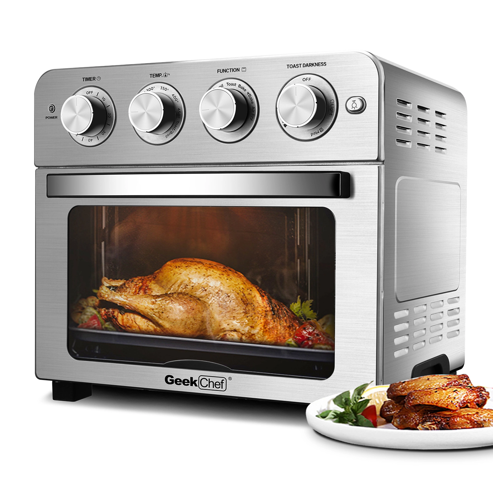 Geek Chef Air Fryer Toaster Oven, 6 Slice 24QT Convection Airfryer Countertop Oven, Roas, Broil, Reheat, Fry Oil-Free, Stainless Steel, Silver, 1700W