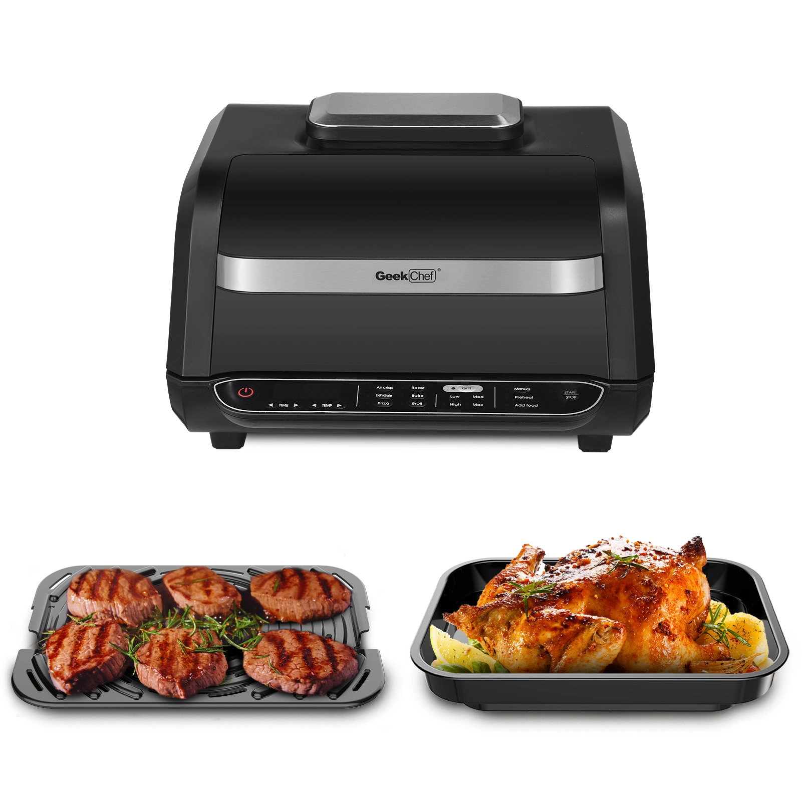 Geek Chef Smart 7-in-1 Indoor Electric Grill Air Fryer Family Large Capacity Pizza and Cyclone Grill Technology Countertop Grill