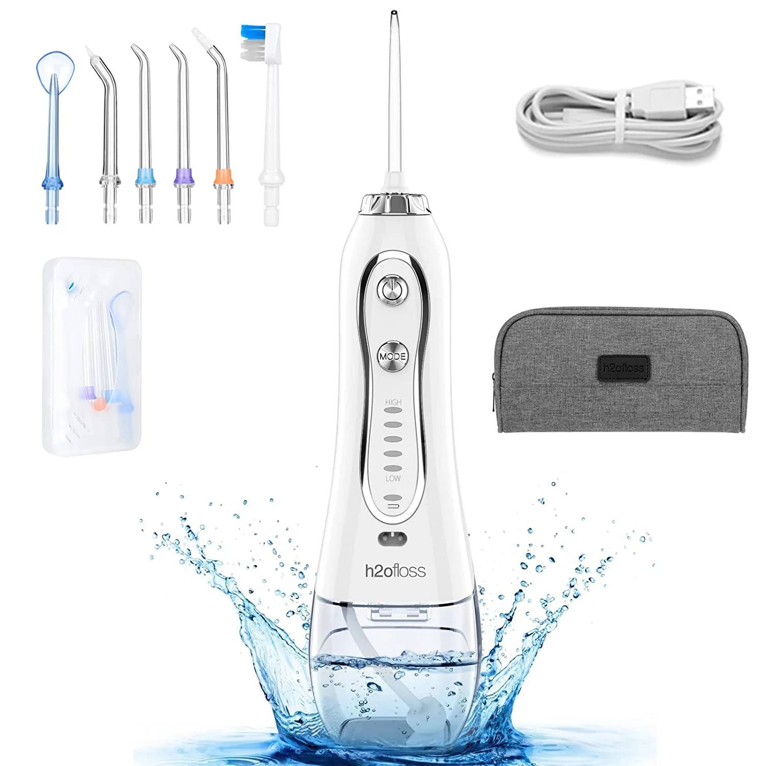 H2ofloss Water Flosser Portable Dental Oral Irrigator with 5 Modes, 6 Replaceable Jet Tips, Rechargeable Waterproof Teeth Cleaner for Home and Travel -300ml Detachable Reservoir (HF-6)