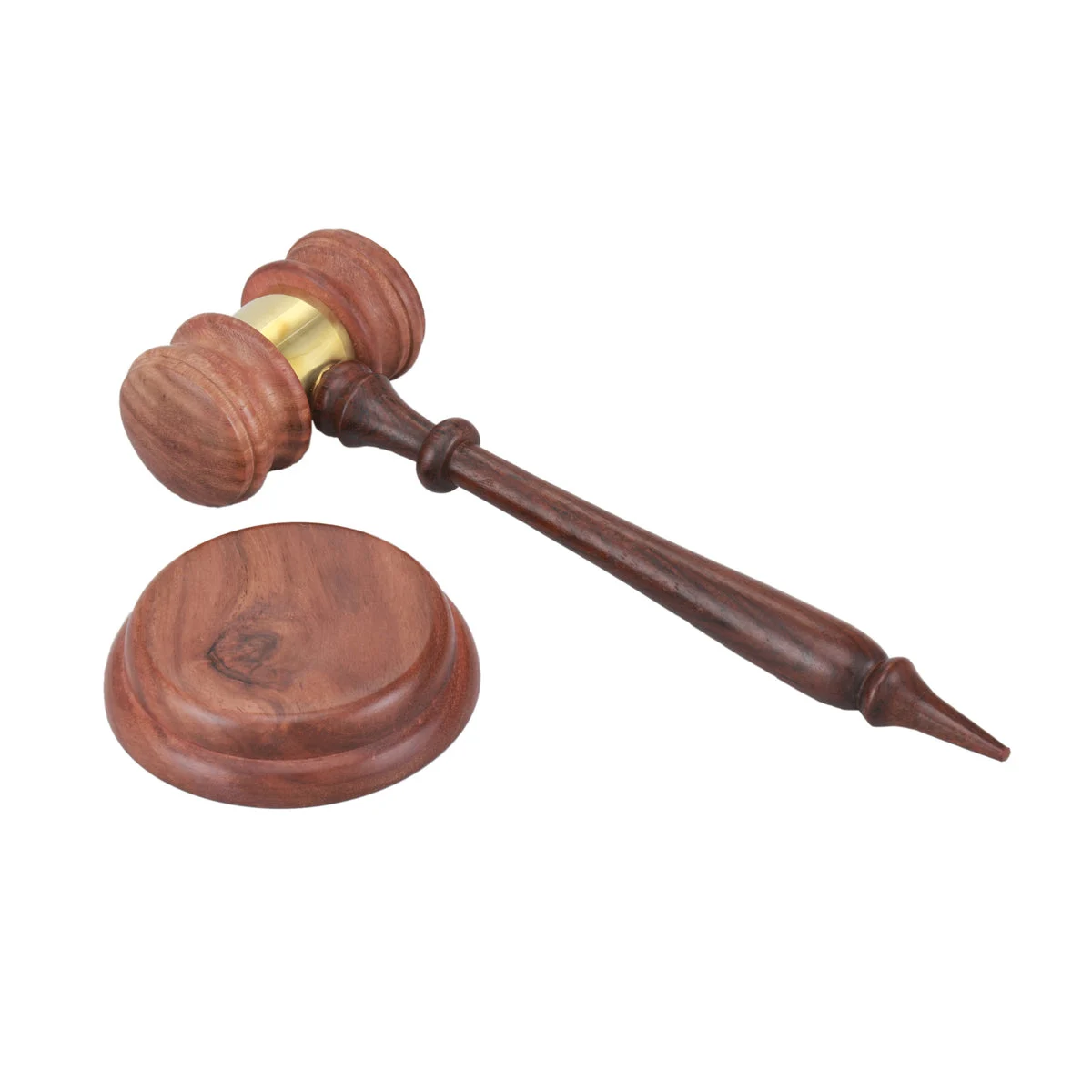 Benzara Handcrafted Wooden Gavel and Round Block Set with Brass Rim, Brown