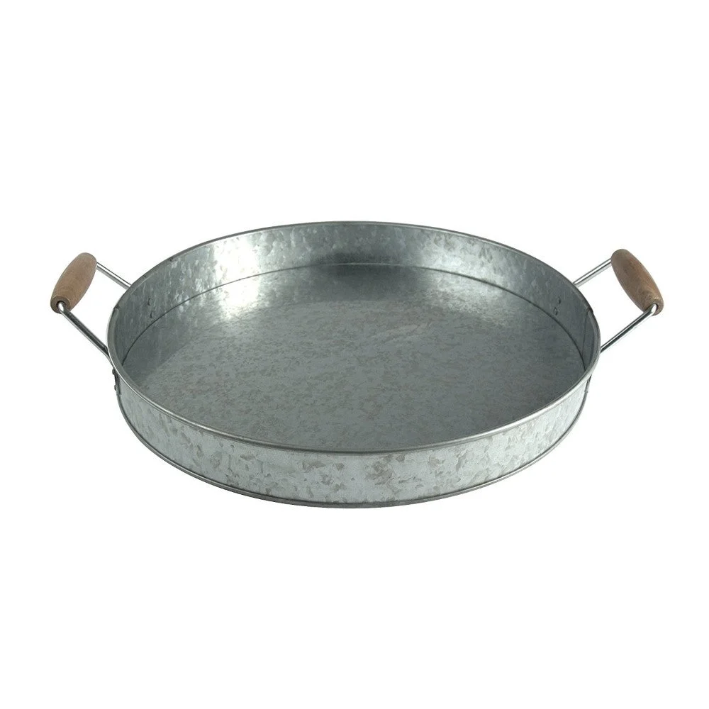 Benzara Round Galvanized Metal Serving Tray with Wooden Handles, Gray