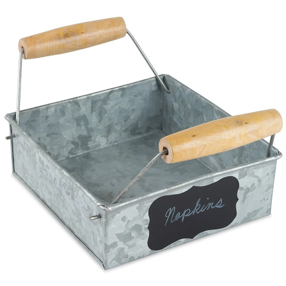 Benzara Galvanized Metal Napkin Holder with Wooden Handle, Gray