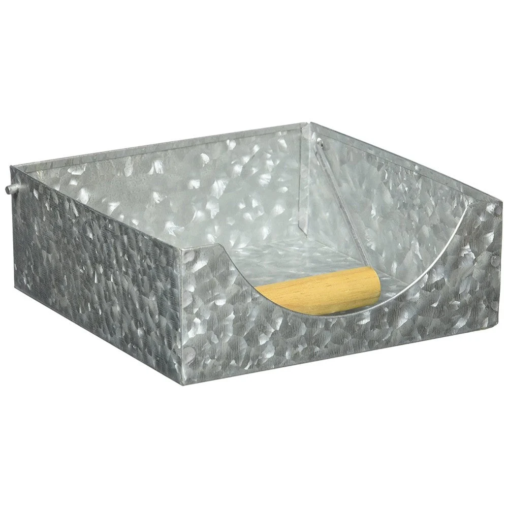 Benzara Galvanized Metal Napkin Holder with Fitted Wooden Handle, Gray