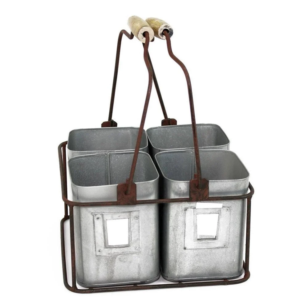 Benzara Galvanized Metal Four Tin Storage Organizer with Movable Wooden Handle,Gray