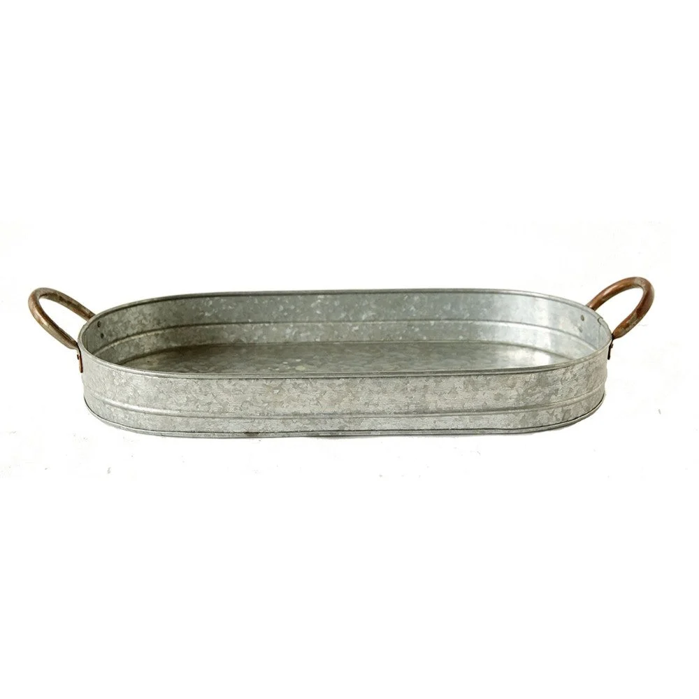 Benzara Galvanized Oblong Metal Tray with Ear Handles, Gray