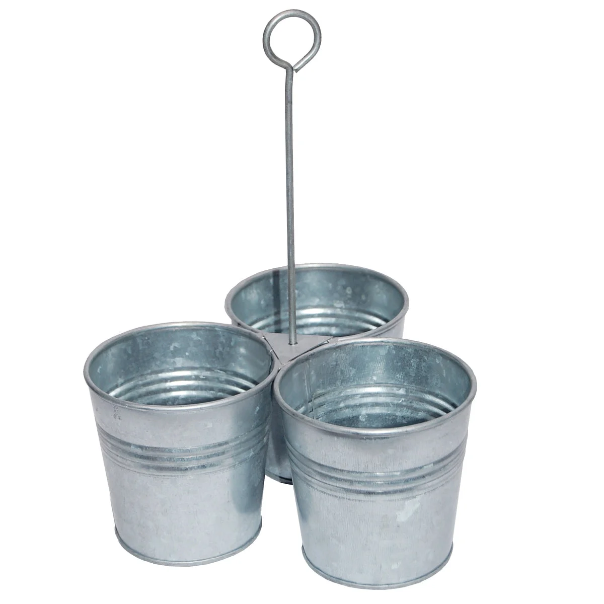 Benzara Galvanized Metal Cutlery Holder with Three Buckets and Ring Holder, Gray