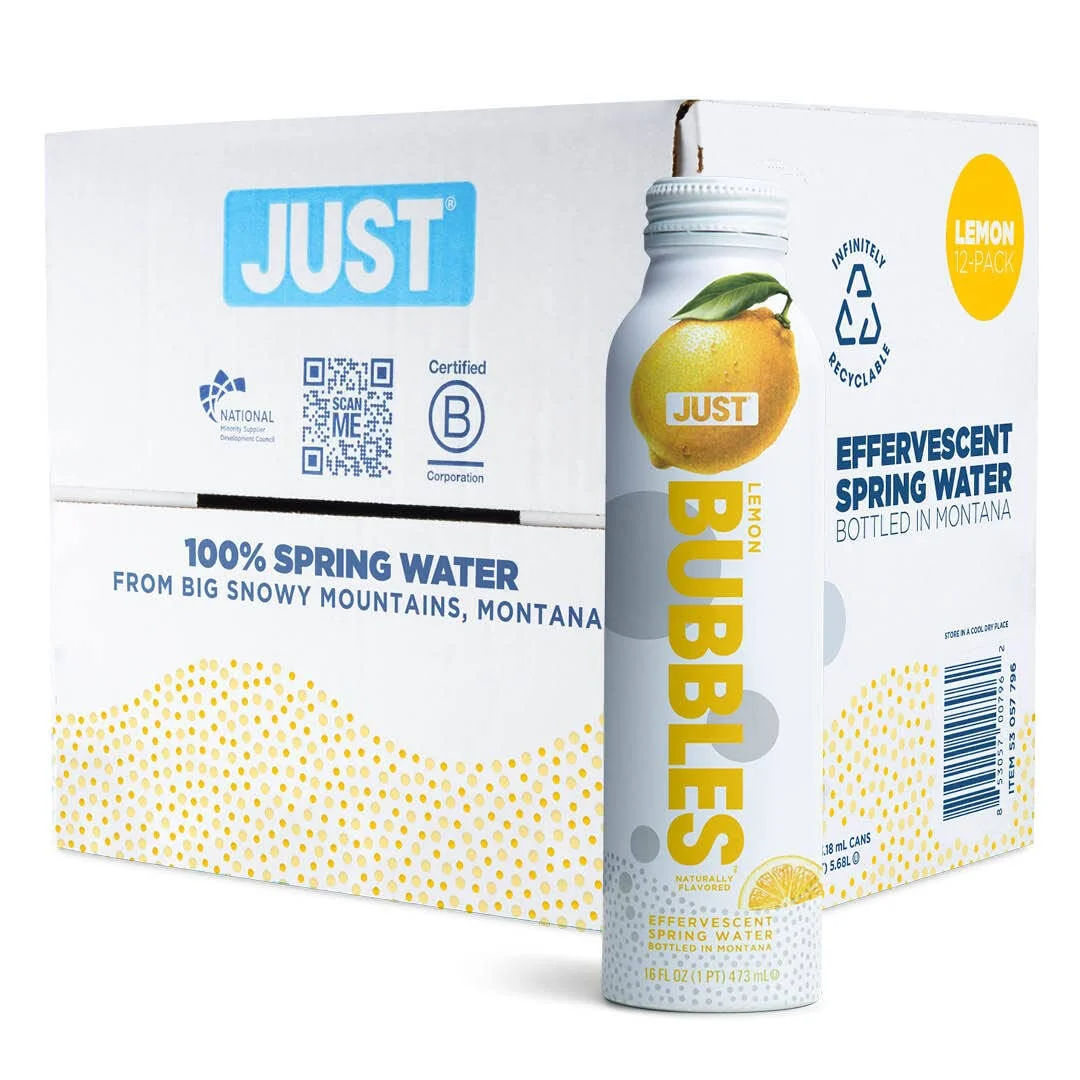 JUST Bubbles Lemon,Pure Premium Sparkling Spring Water 16 Fl Oz (Pack of 12)