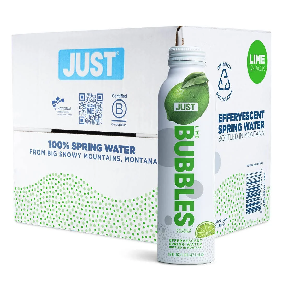 JUST Bubbles Lime, Pure Premium Sparkling Spring Water,16 Fl Oz (Pack of 12)