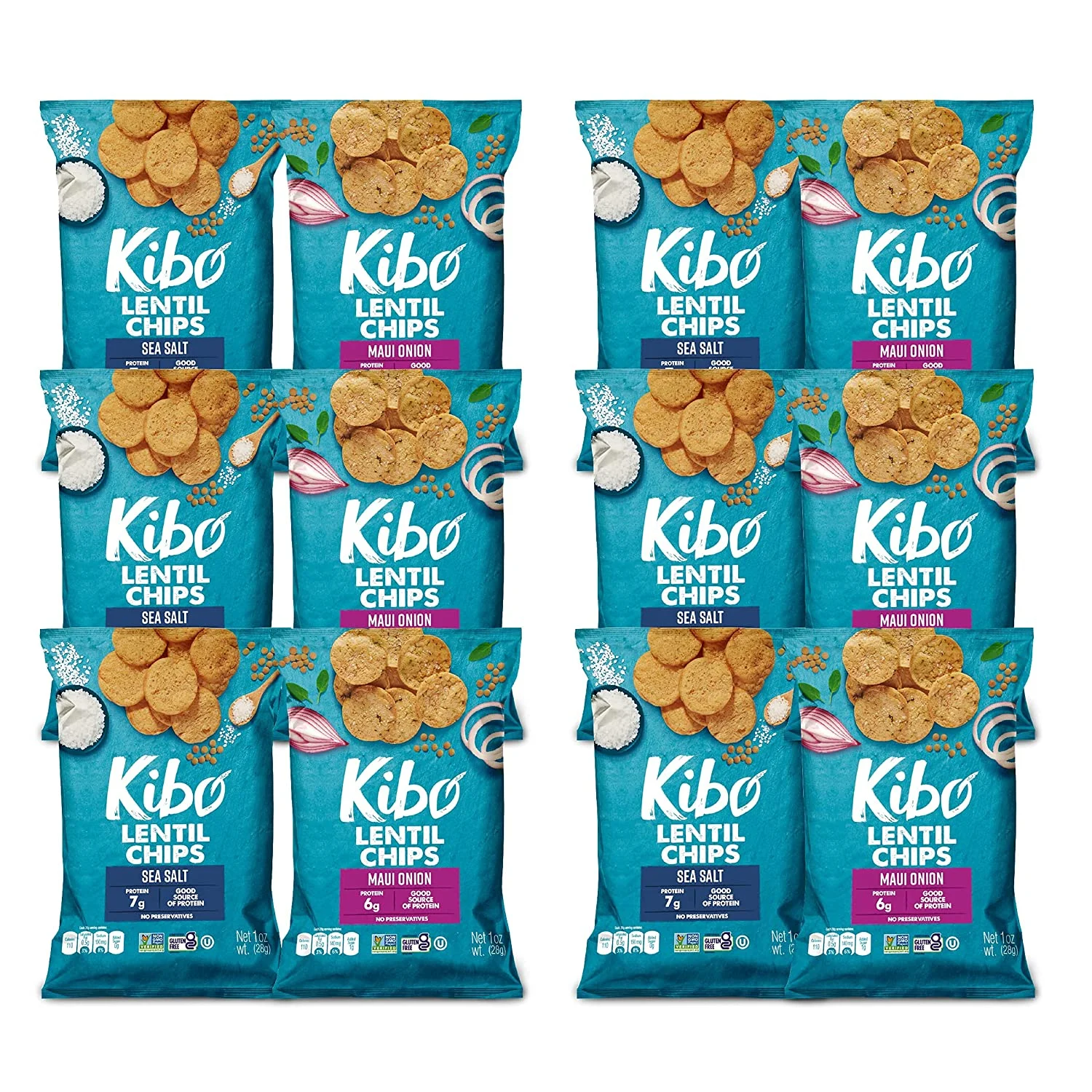 Kibo Lentil Chips Variety Pack, Gluten-Free Vegan Snacks, 12 pack