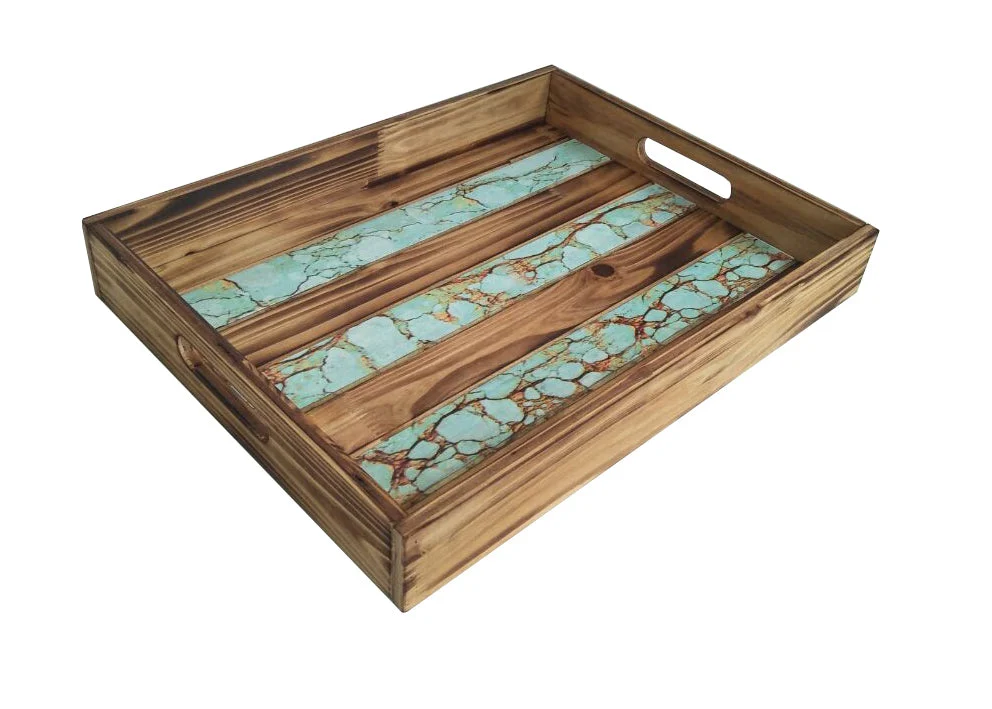 HiEnd Accents Wooden Tray with Turquoise Inlay