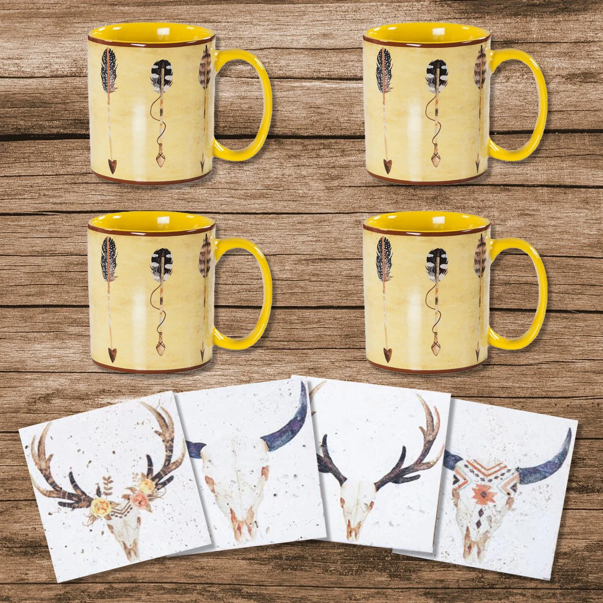 HiEnd Accents Large Arrow Bohemian Mug and Desert Skull Coaster 8 PC Set
