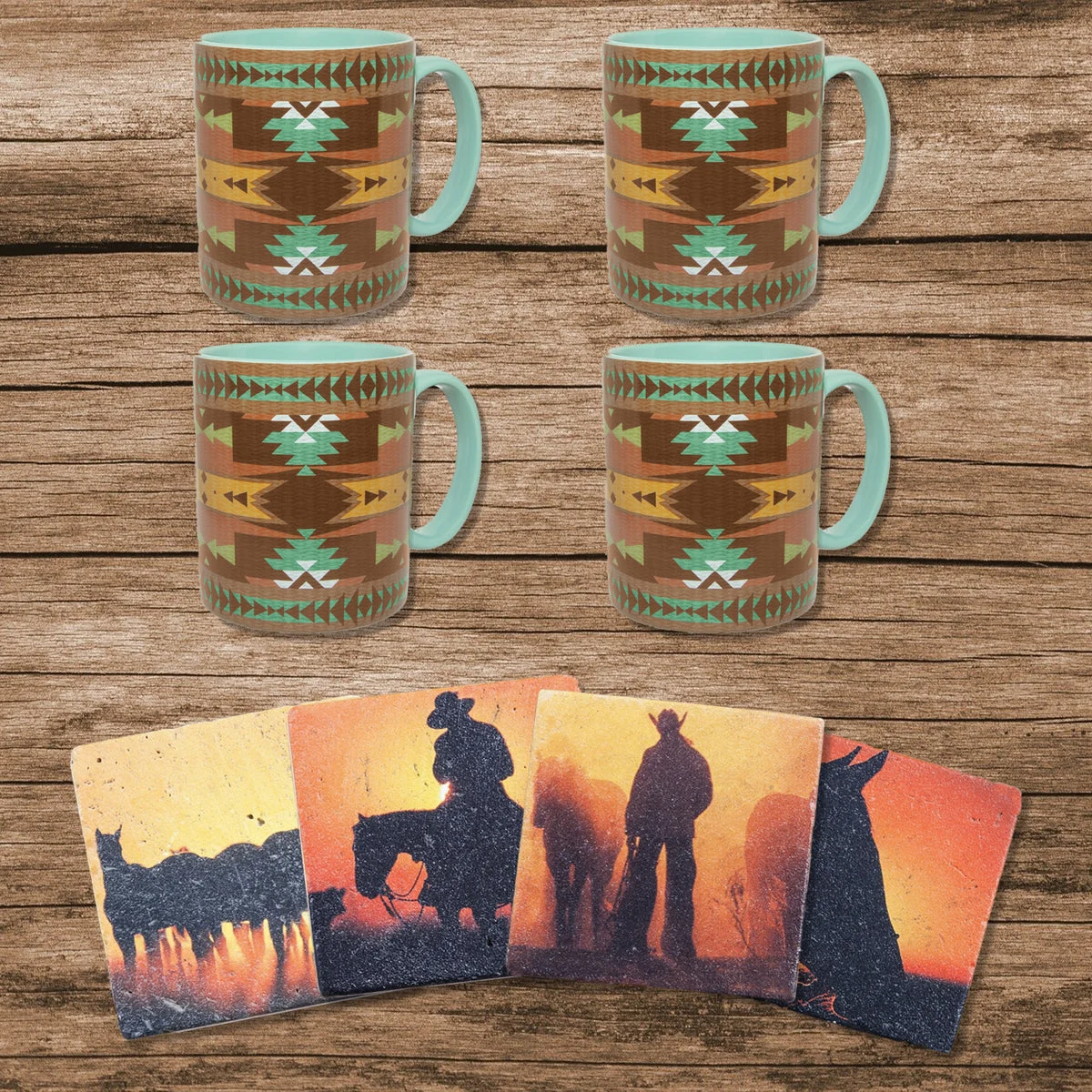 HiEnd Accents Mesa Southwestern Mug and Cowboy Sunset Coaster 8 PC Set