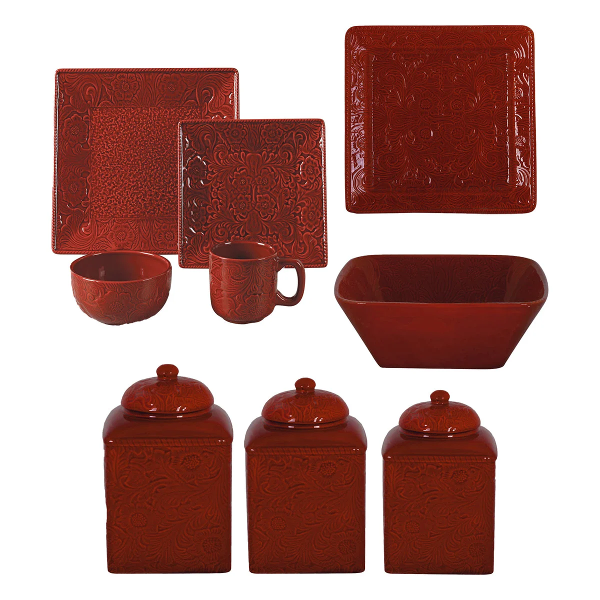 HiEnd Accents Savannah Red 21 PC Western Dinnerware and Canister Set