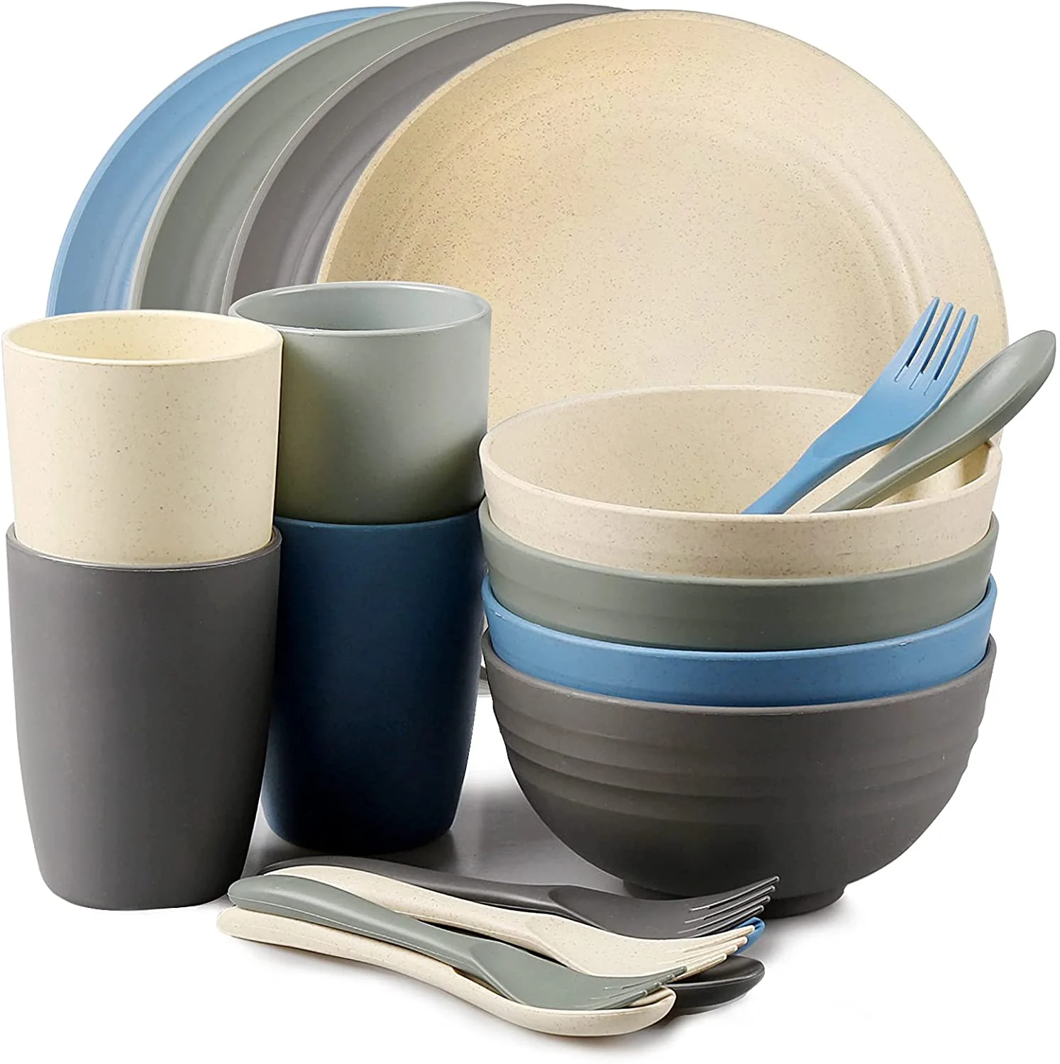 shopwithgreen Wheat Plastic Kids Dinnerware Sets (20PCS) – Lightweight & Unbreakable Children Tableware Set – Microwave and Dishwasher Safe Plates, Bowls, Cups, Forks and Spoons, BPA Free