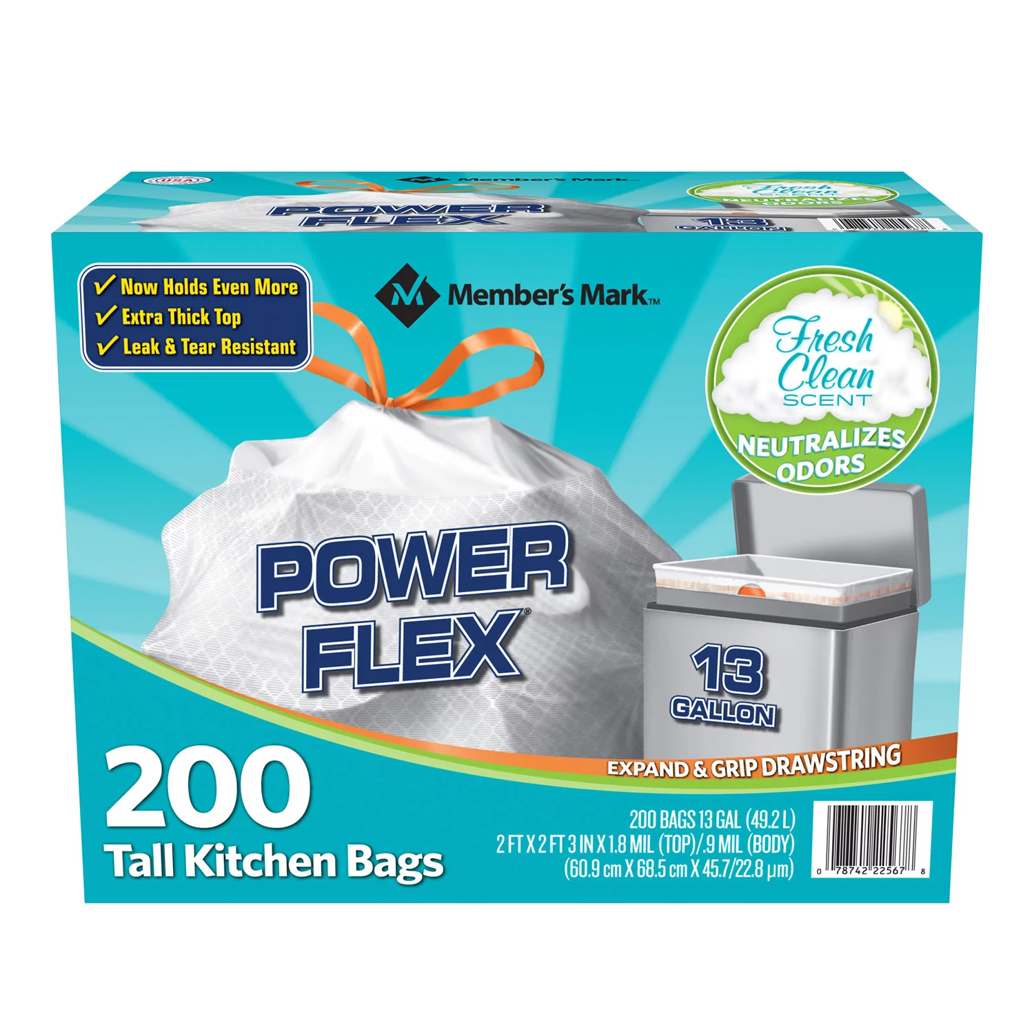 Member’s Mark Power Flex Tall Kitchen Drawstring Trash Bags, Fresh Clean (13 gal., 200 ct.)