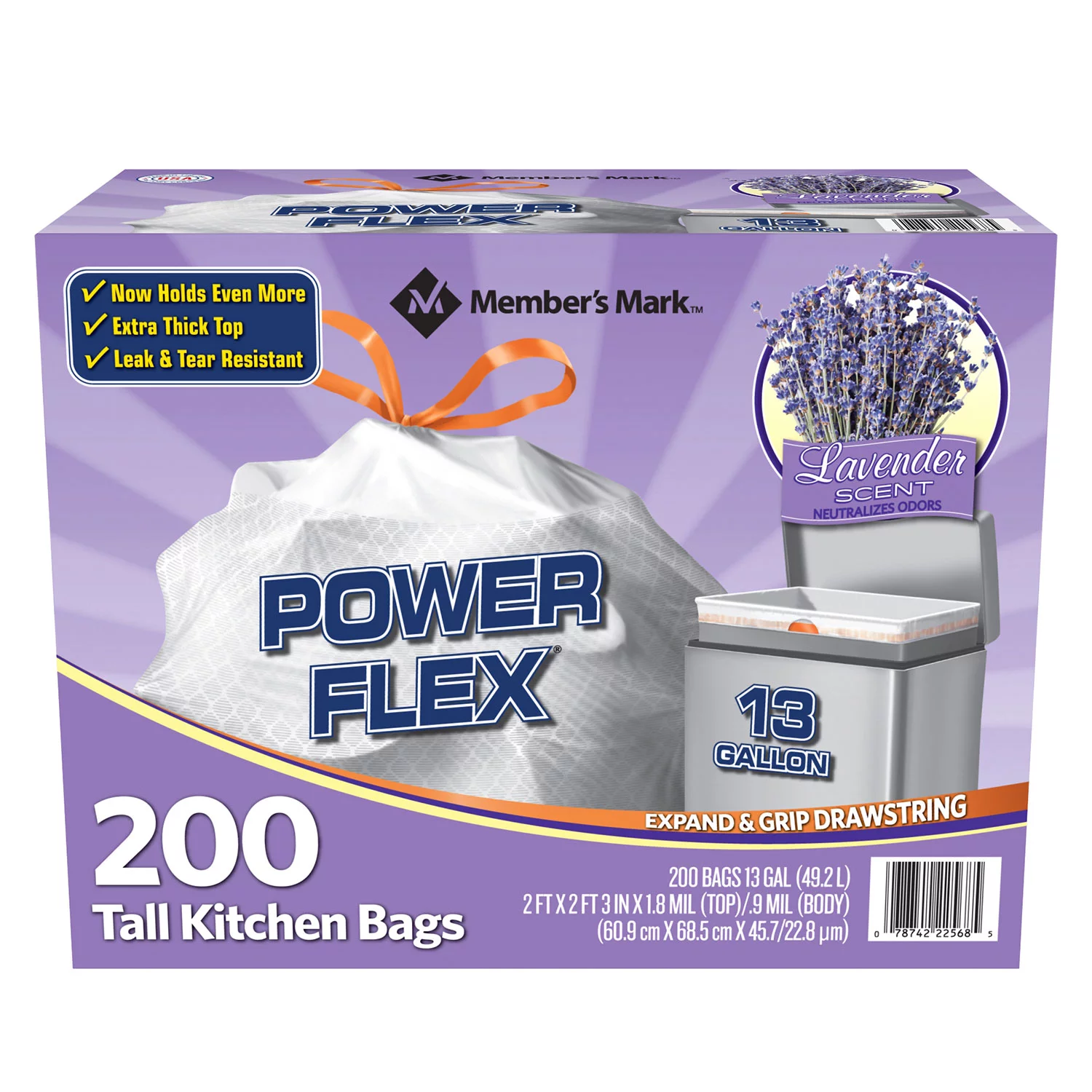 Member’s Mark Power Flex Tall Kitchen Drawstring Trash Bags, Lavender (13 gal., 200 ct.)