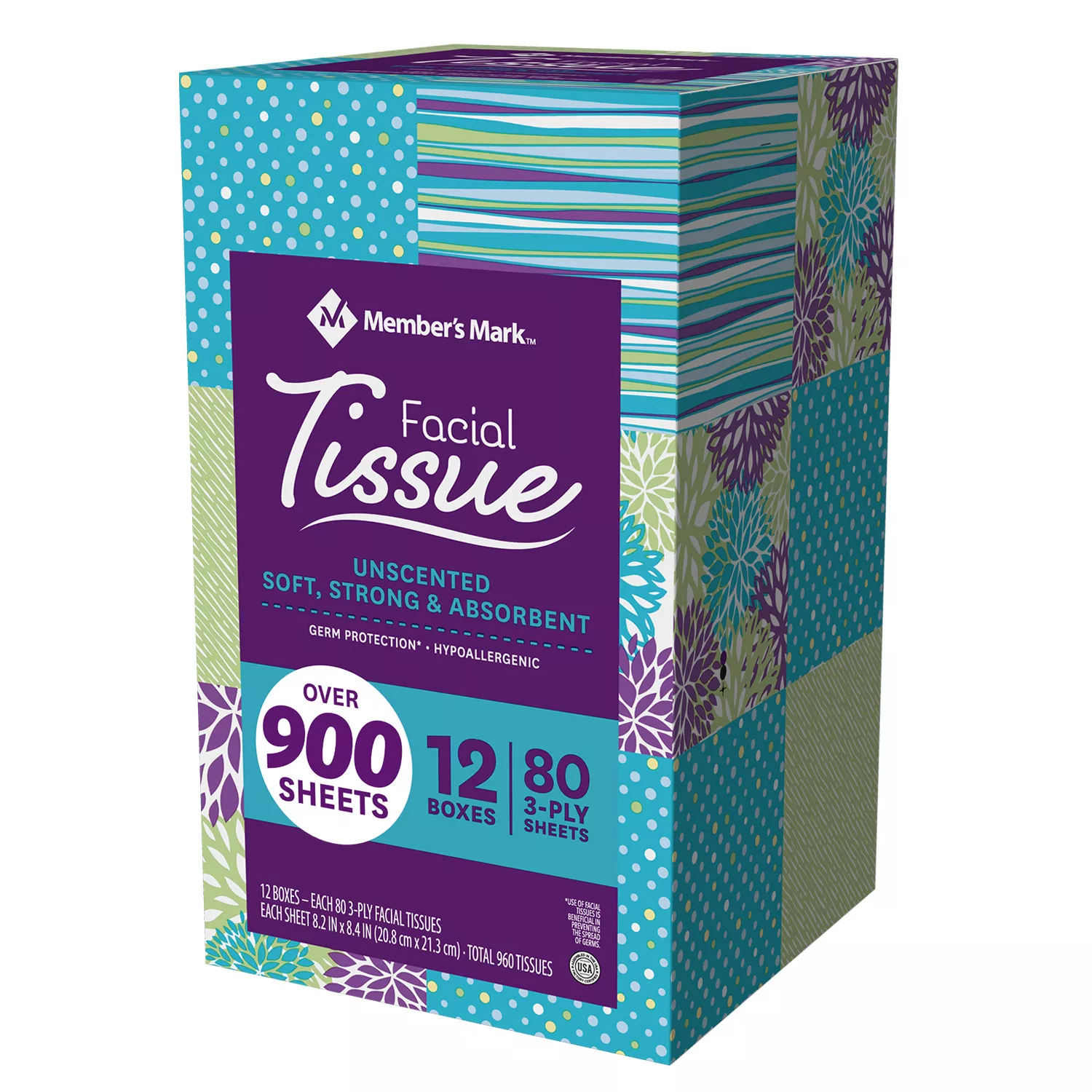 Member’s Mark Ultra Soft Facial Tissues, 12 Cube Boxes, 80 3-ply Tissues Per Box (960 Tissues Total)