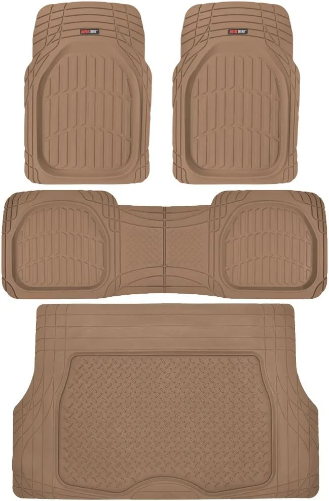 Motor Trend Original FlexTough Beige Rubber Car Floor Mats with Trunk Cargo Liner – All Weather Automotive Floor Mats, Heavy Duty Trim to Fit Design, Floor Liners for Cars Truck Van SUV