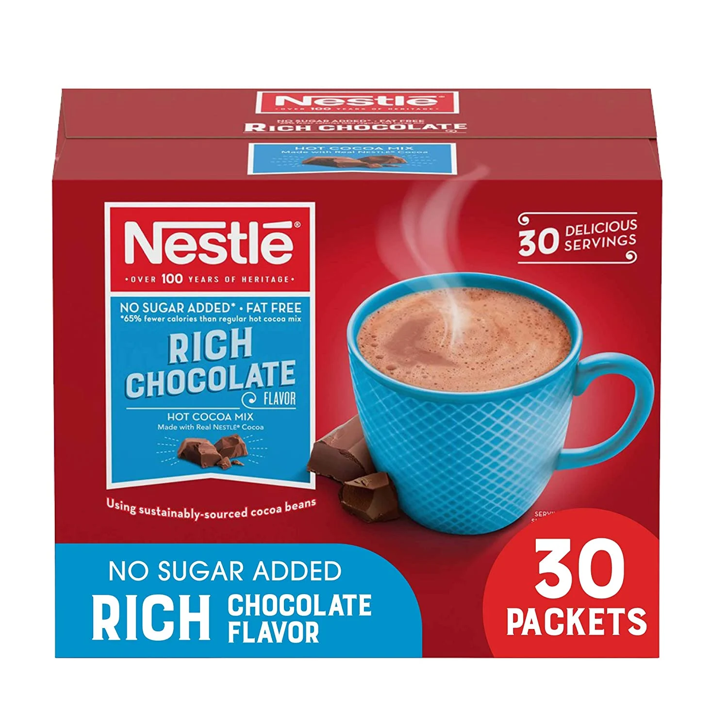 Nestle Hot Cocoa Chocolate Packets, Hot Cocoa Mix, No Sugar Added and Fat Free, 30 Count (0.28 ounce Each)