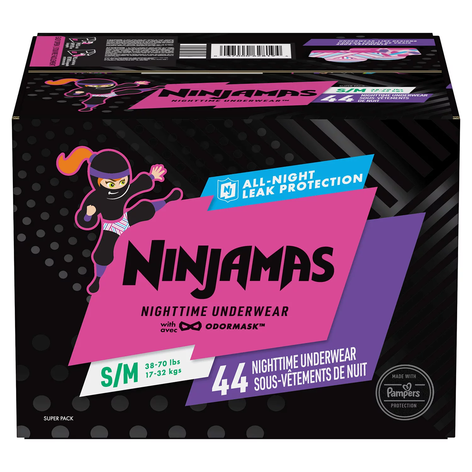 Ninjamas Nighttime Bedwetting Underwear for Girls, Size S/M (38 – 65 lbs.) – 44 ct.