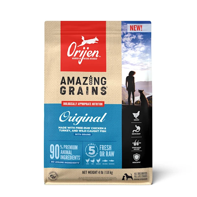 ORIJEN Amazing Grains Original High Protein Dry Dog Food, 4 Pound & 22.5 Pound.