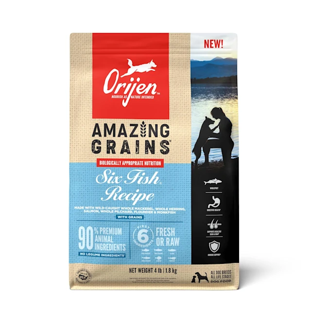 ORIJEN Amazing Grains Six Fish High Protein Dry Dog Food, 4 Pound & 22.5 Pound.