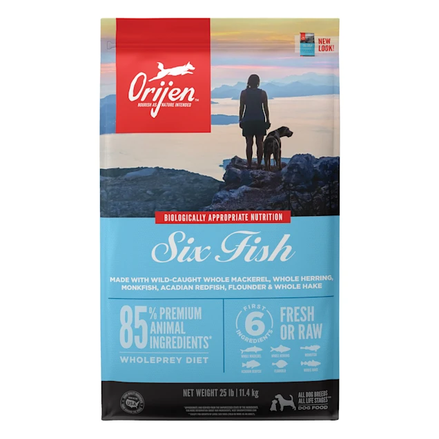 ORIJEN Six Fish Grain Free & Poultry Free High Protein Fresh & Raw Animal Ingredients Dry Dog Food, 13 lbs – 25 lbs.
