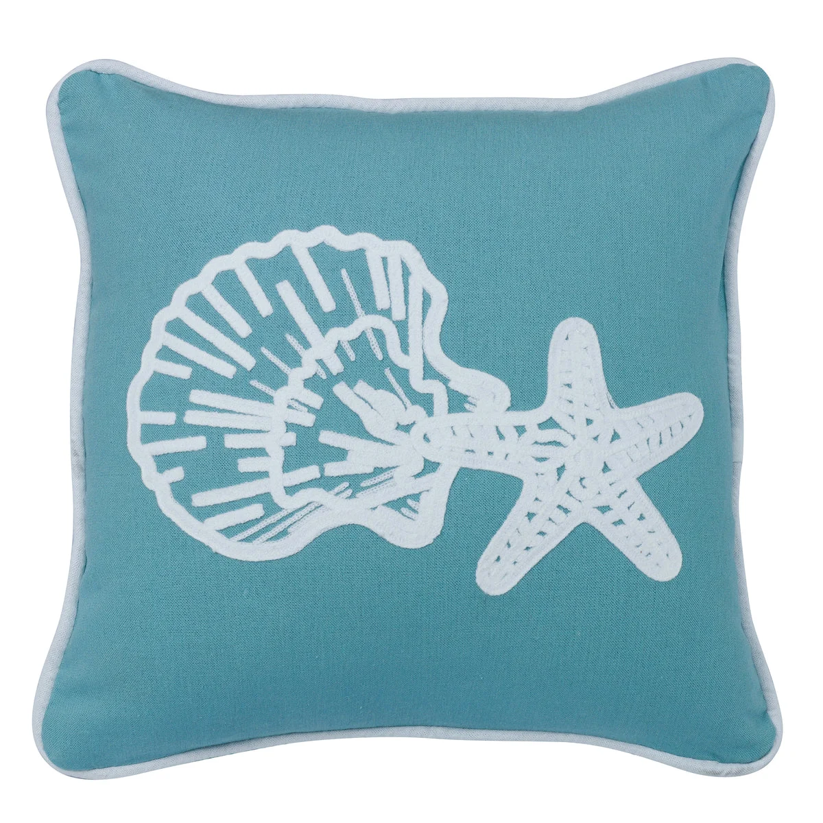 HiEnd Accents Aqua Linen Pillow with Star and Shell Embroidery
