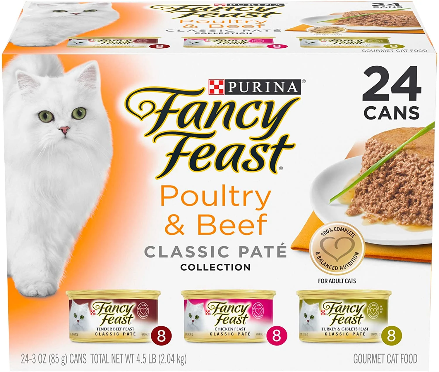 Purina Fancy Feast Grain Free Pate Wet Cat Food Variety Pack, Poultry and Beef Collection – (24) 3 oz. Cans