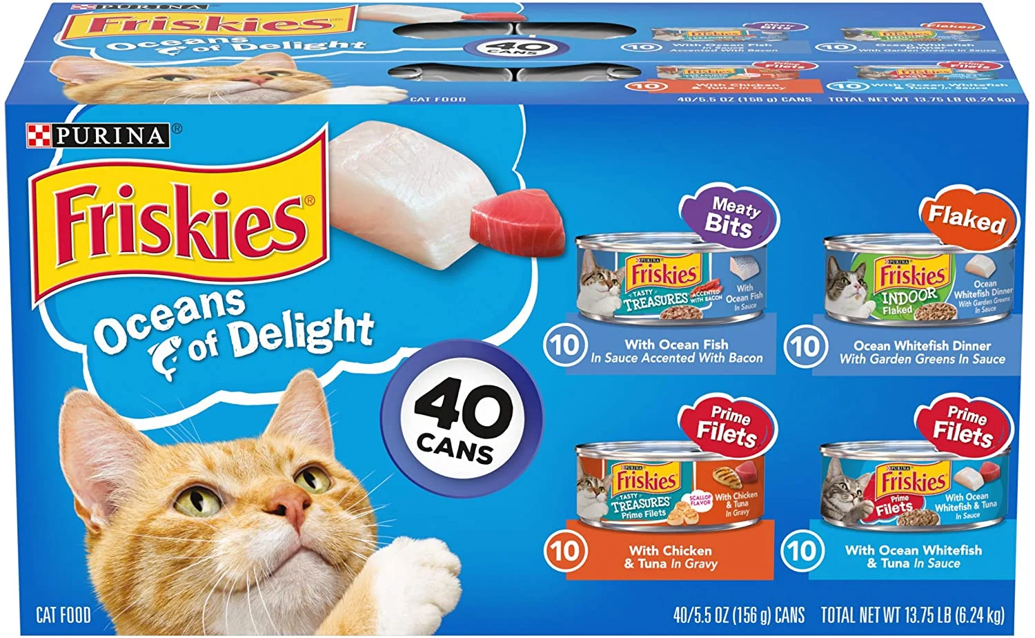 Purina Friskies Wet Cat Food Variety Pack, Oceans of Delight Meaty Bits, Flaked & Prime Filets – (40) 5.5 oz. Cans (050000964604)