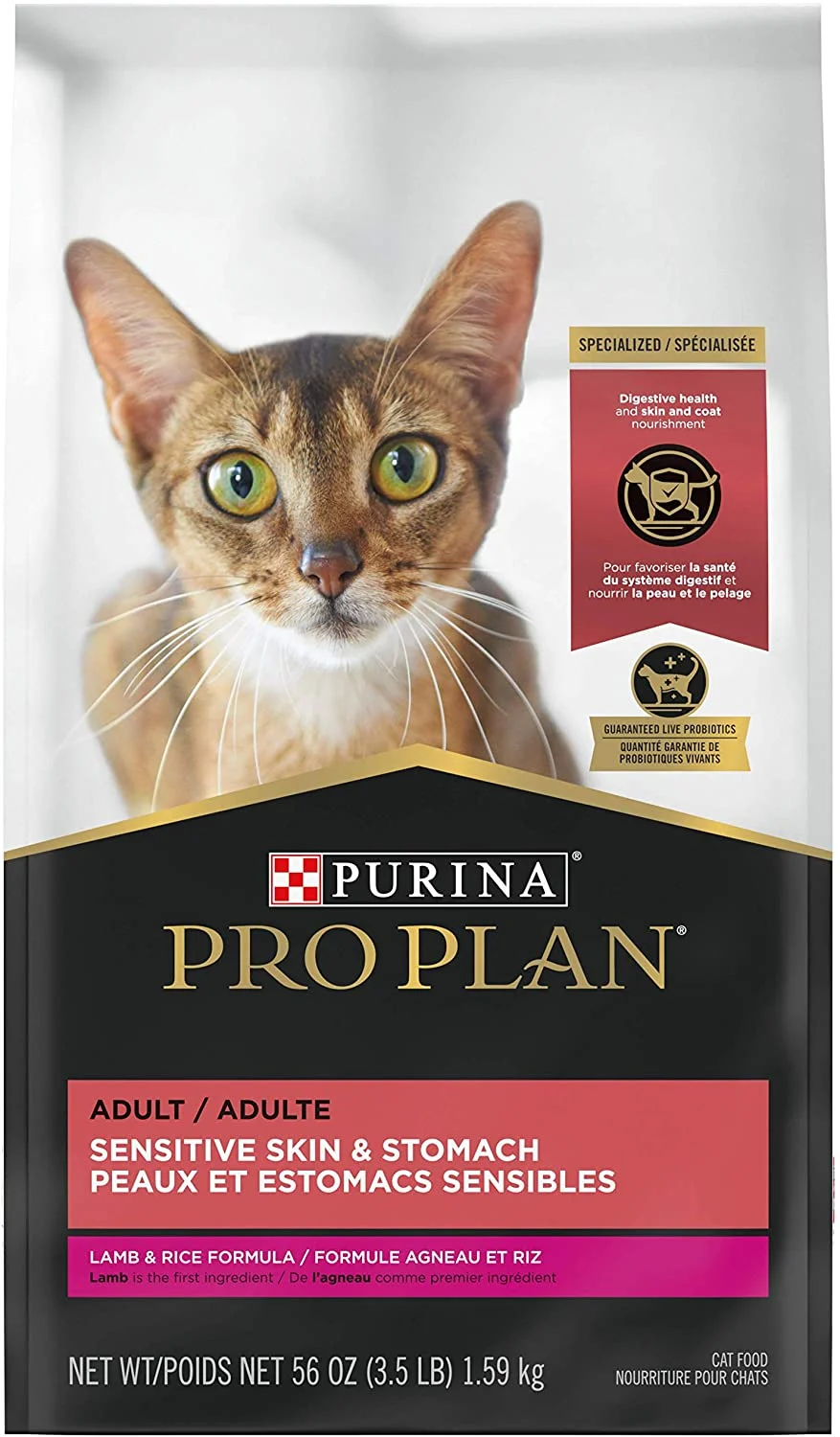 Purina Pro Plan Sensitive Skin and Stomach Cat Food, Lamb and Rice Formula – 3.5 lb. Bag
