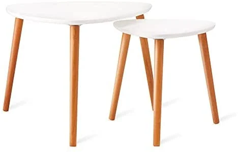 Qwork Nesting Coffee Tables Set of 2，Modern Furniture Decor Side End Table for Living Room, Office, Balcony, Easy Assembly, Triangle, White/Rubber Wood Legs