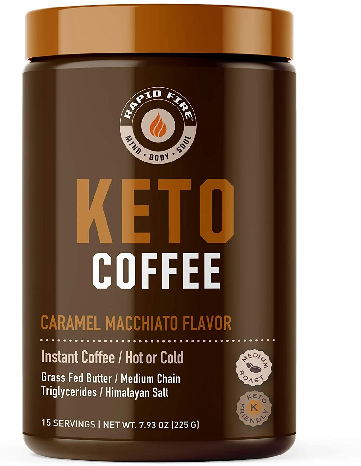 Rapid fire Ketogenic Fair Trade Instant Keto Coffee Mix, Supports Energy, Metabolism, and Weight Loss, Grass Fed Butter, MCTs & Himalayan Salt, 15 servings, Caramel Macchiato Flavor, 7.93 Ounce