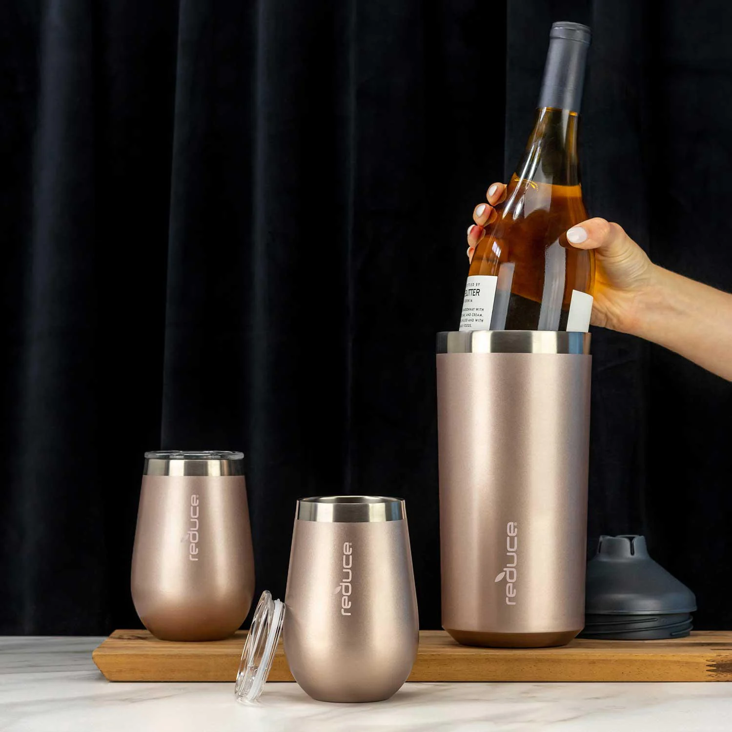 Reduce Wine Cooler Set, Cotton – Stainless Steel Wine Bottle Cooler Set with 12oz Insulated Wine Tumblers – Keep Wine at the Perfect Temperature, No Ice Required, Fits Most Wine Bottles