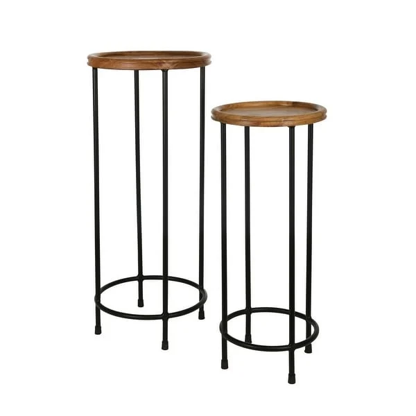 Benzara Round Wooden Tray Design Top Plant Stands with Tubular Legs,Set of 2,Brown