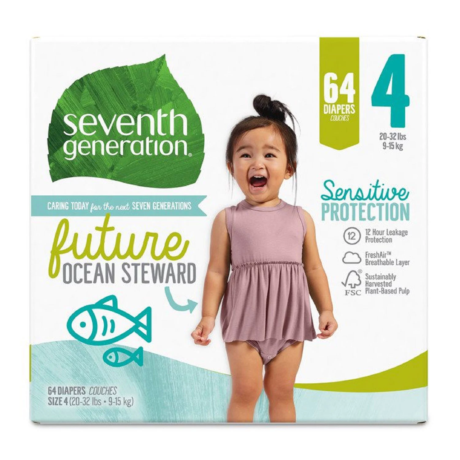 Seventh Generation Sensitive Protection Baby Diaper, Size 4 – 64 ct. (20 – 32 lbs.)