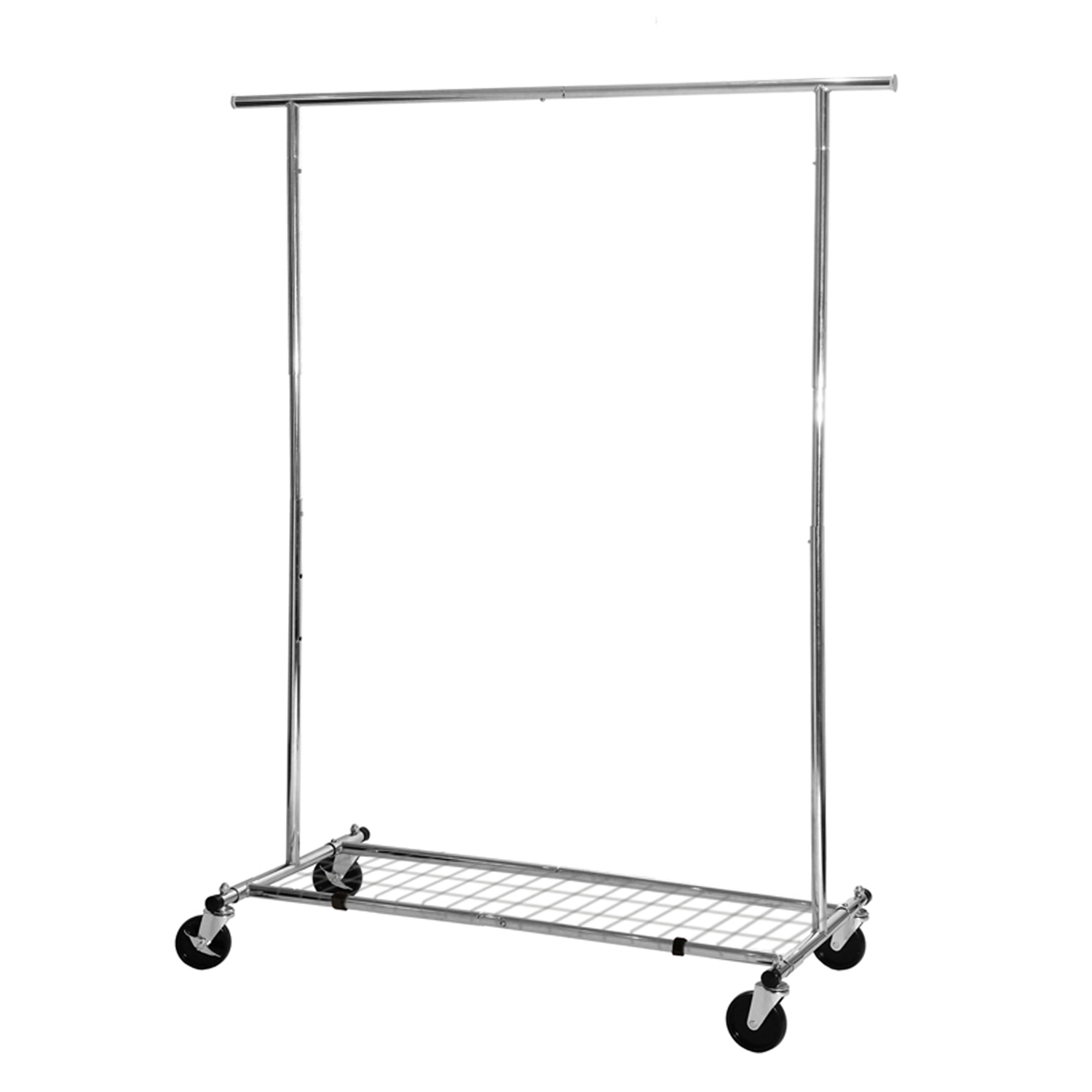Seville Classics Commercial Single Rod Mobile Adjustable Clothing Garment Rack with Bottom Shelf, Plated Steel