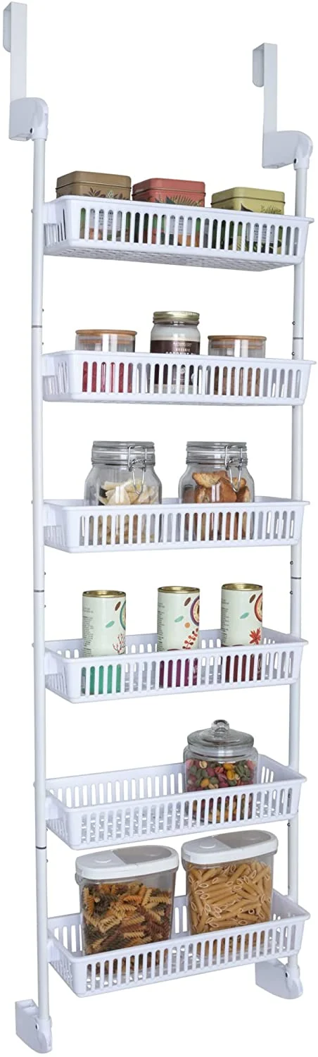 Smart Design 6-Tier Over The Door Pantry Organizer with 6 Full Baskets – Adjustable Steel and Resin with Stabilizing Brackets to Eliminate Sway – Wall Mountable Kitchen Spice Rack – White