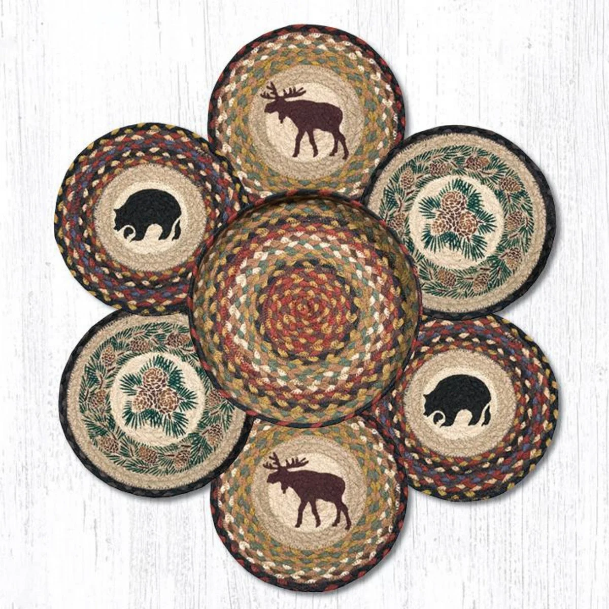 Earth Rugs Wilderness Trivets in a Basket – Printed Round Jute Hot Pads, 10"x10"