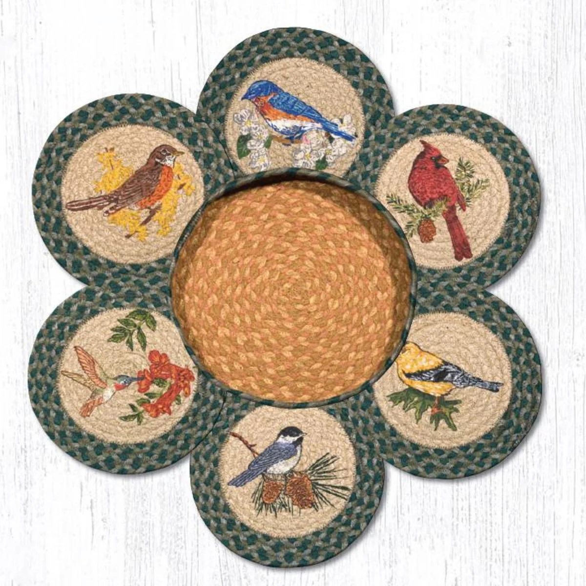 Earth Rugs Song Birds Trivets in a Basket 10"x10" Heat-Resistant Kitchen Set