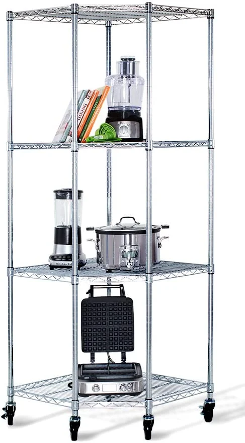 TRINITY EcoStorage 4-Tier Corner Wire Shelving Rack with Wheels, 18″ D, NSF, Chrome
