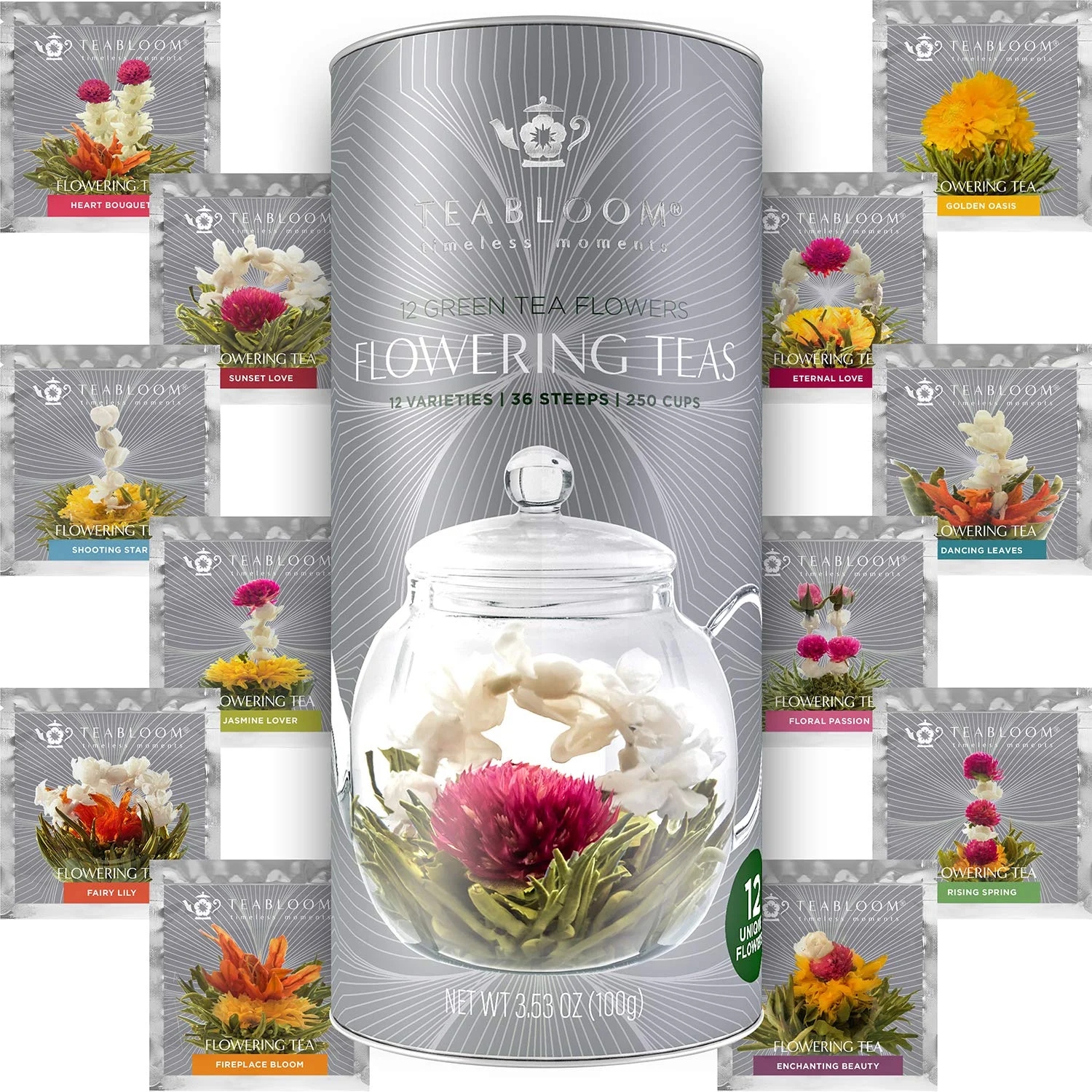Teabloom Flowering Tea, 12 Unique Varieties of Fresh Blooming Tea Flowers 12-Pack