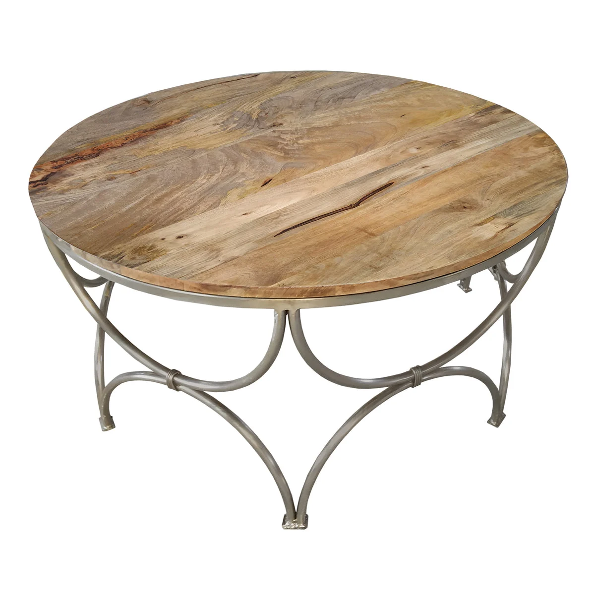 The Urban Port Round Wooden Top Coffee Table with Lattice Metal Base, Brown and Silver