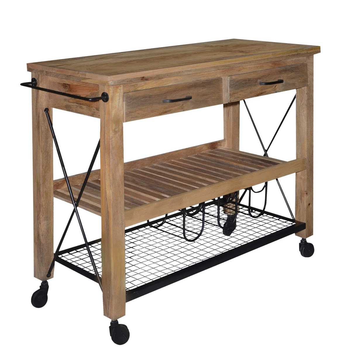 The Urban Port 2 Drawer Wooden Bar Cart with 2 Shelves and Casters Support, Brown and Black