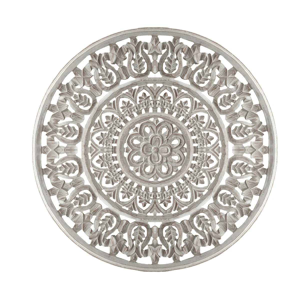 The Urban Port Round Shape Wooden Wall Panel with Ornate Carvings, Washed White