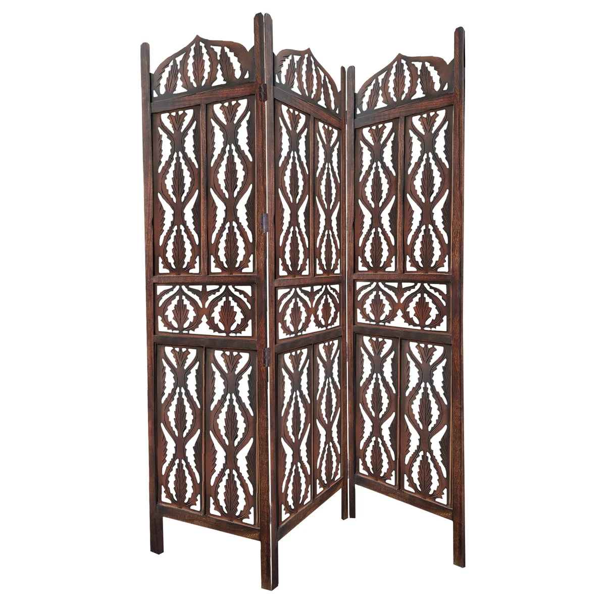The Urban Port Decorative 3 Panel Mango Wood Screen with Abstract Carvings, Brown
