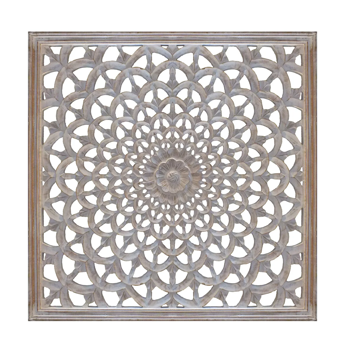 The Urban Port Square Shape Wooden Wall Panel with Intricate Flower Cutout, White and Gold