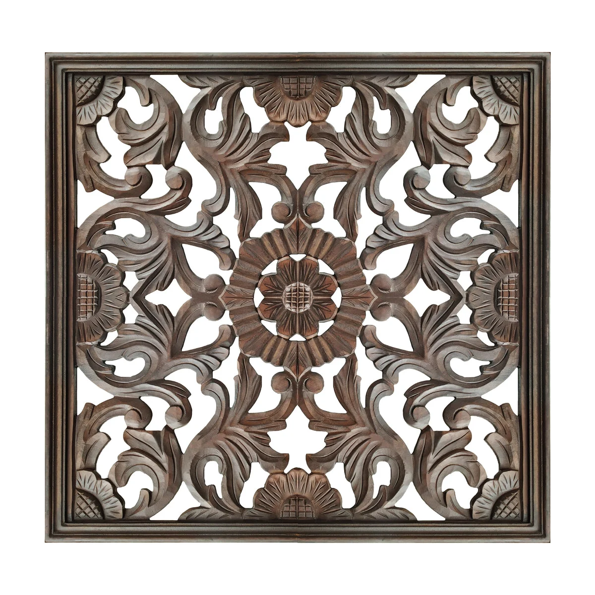 The Urban Port Square Shape Wooden Wall Panel with Filigree Carvings, Burnt Brown