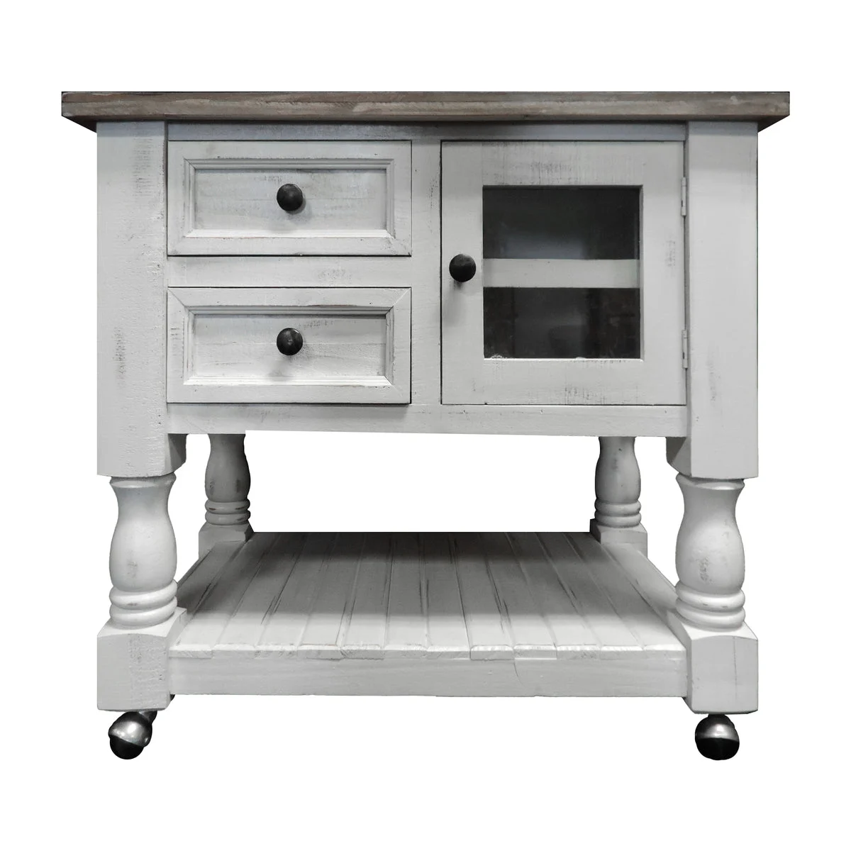 The Urban Port Farmhouse Style 2 Drawer Wooden Kitchen Cart with Plank Design Shelf, White and Brown